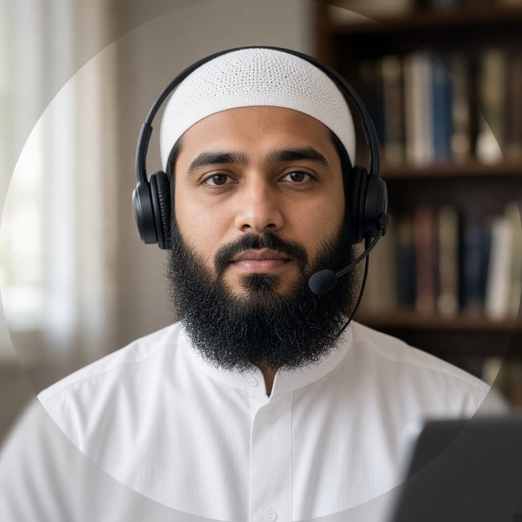 Male Quran teacher in thobe, cap, and full beard, ready for a free trial class