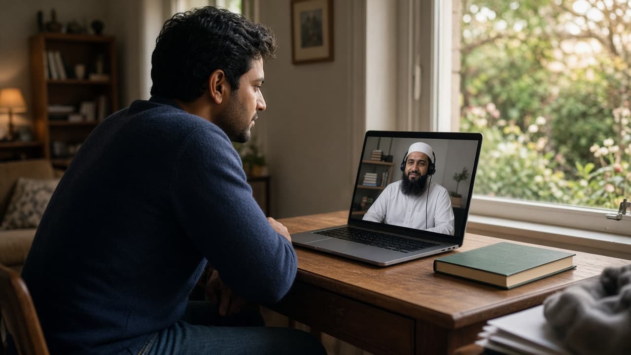 A parent in everyday clothes at a home desk, with a male Quran teacher in thobe and full beard on the laptop