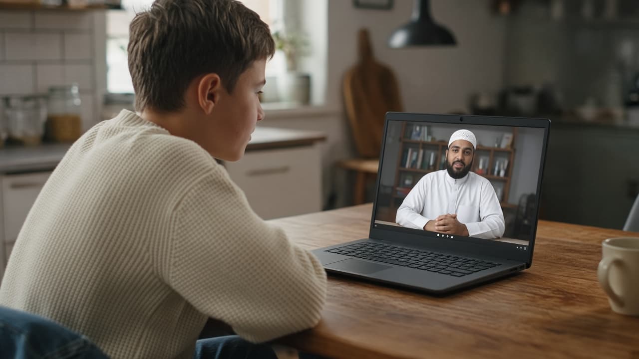 A student at home on a free trial, with the teacher in thobe and cap on the laptop