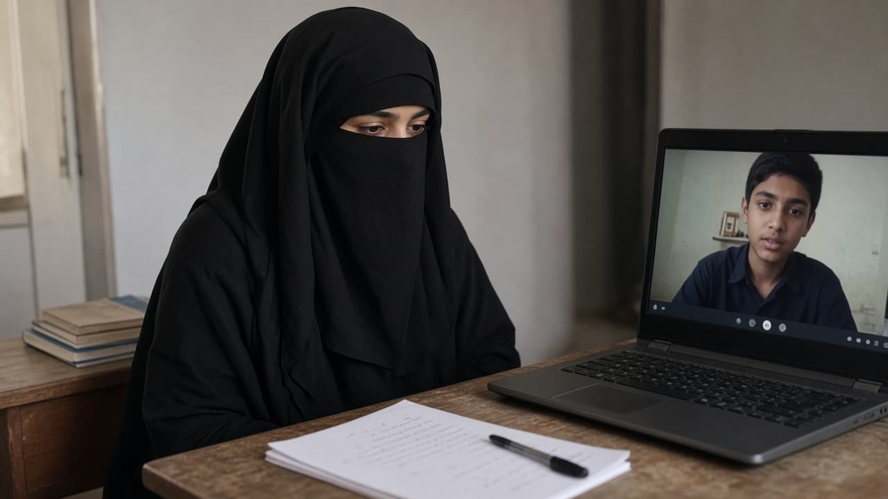 Female Quran teacher listening to a young student recite on video call