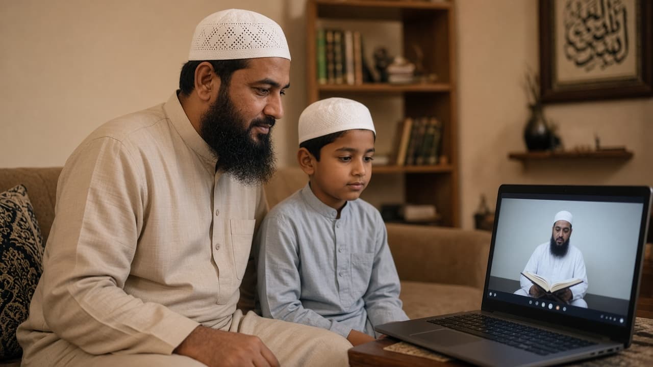 Father sitting with his son during an online Quran class