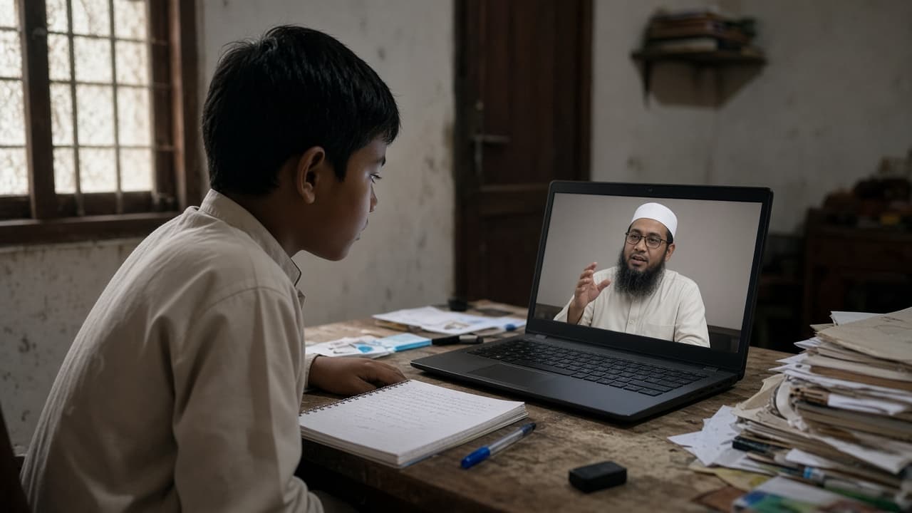 Boy in a live online Islamic studies class with his teacher on the laptop screen