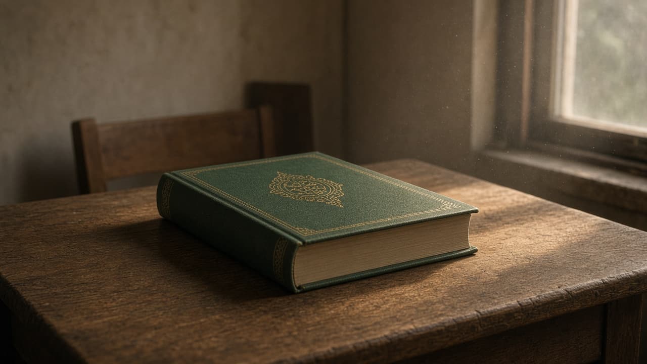 Closed mushaf on a wooden desk for Tajweed practice
