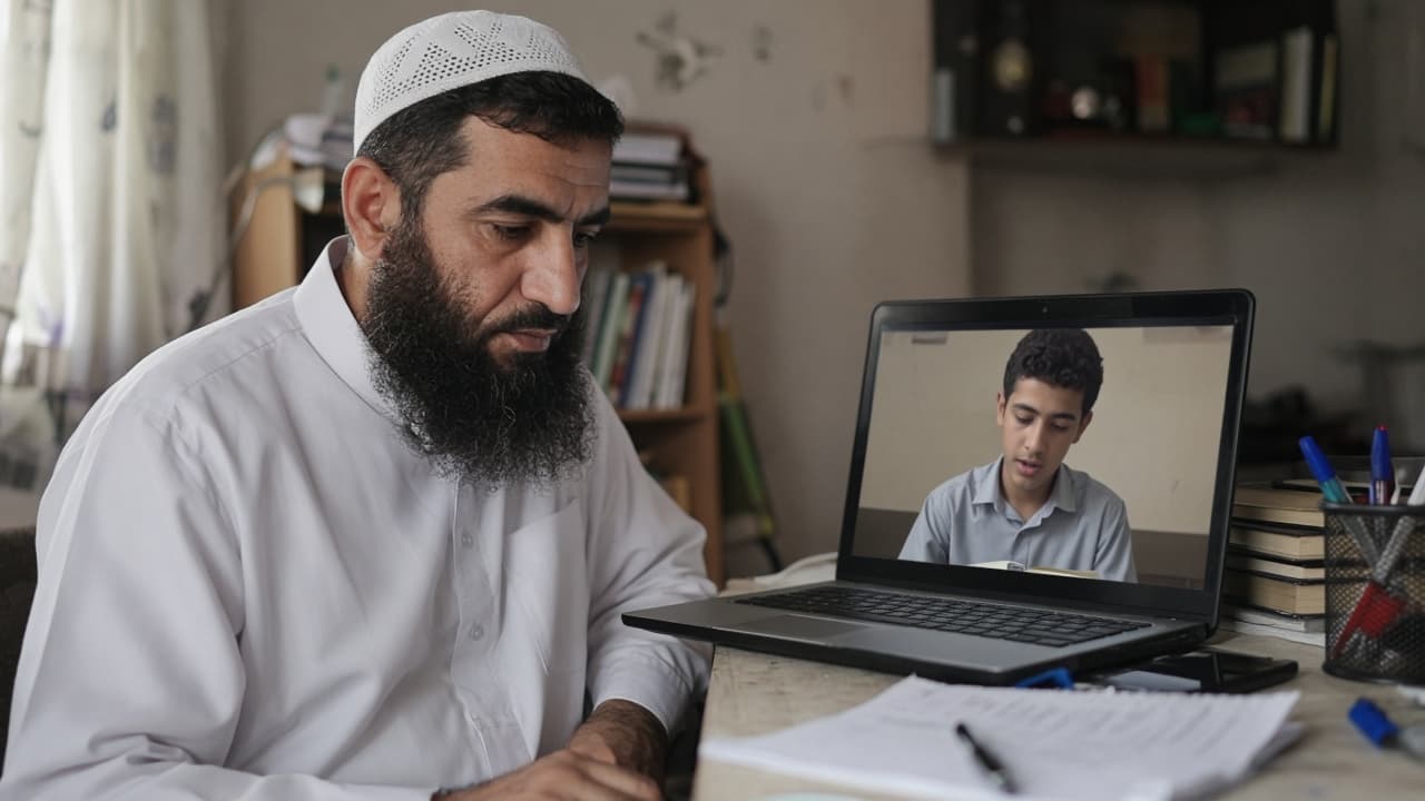 Quran teacher in thobe and cap teaching a student on a laptop video call
