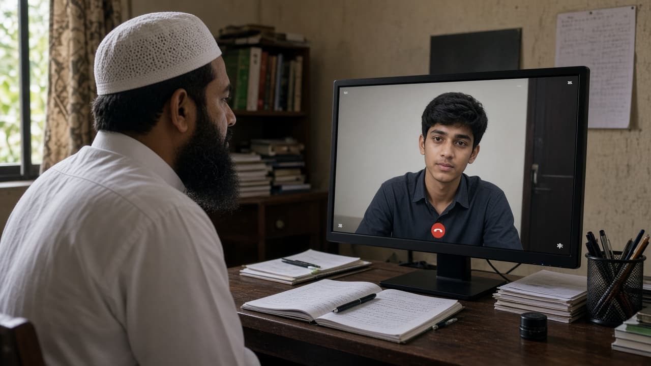 Quran teacher in white thobe and cap teaching an adult student on a video call