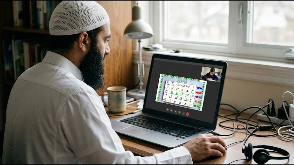 Quran teacher in thobe and kufi teaching the Arabic alphabet from a shared screen, with the student on the video call