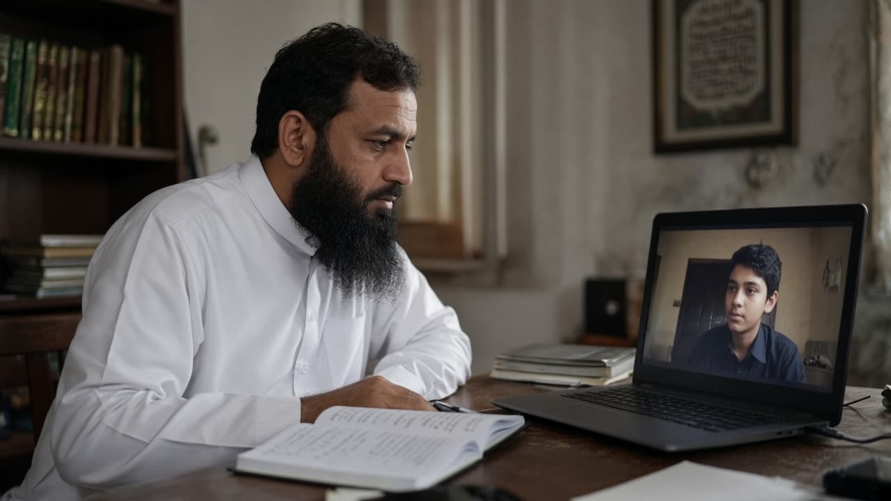 Quran teacher in thobe with a full beard teaching a student on a video call
