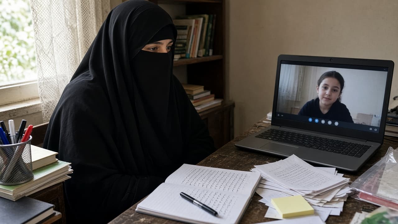 Female Quran teacher teaching a child online on a video call
