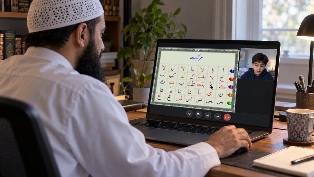 Quran teacher in thobe and kufi sharing a DeenSeed Qaida lesson on screen with a student in a hoodie on a video call