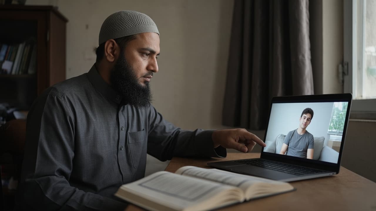 Male teacher in thobe and full beard, with a student in a t-shirt on the video call