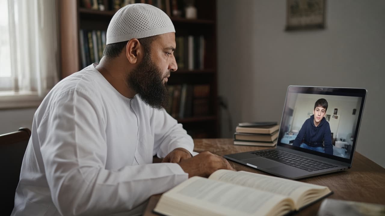 Male Quran teacher in thobe and cap on a live call, with a student in a hoodie on the laptop
